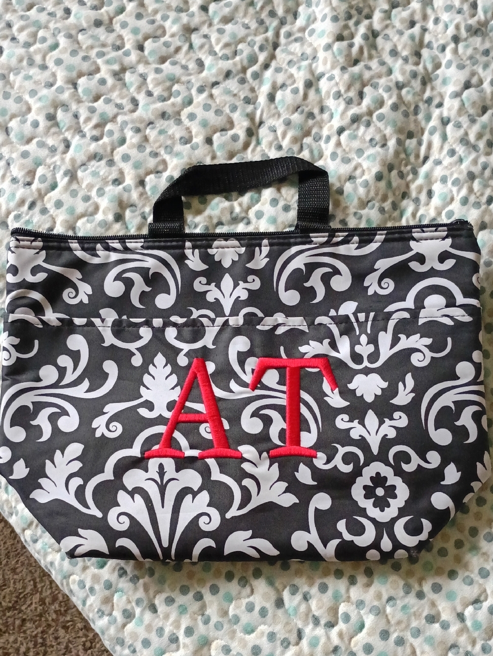 thirty-one Black and White Damask Tote with Red Monogram